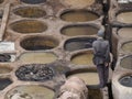 Fes, Morocco, Tannery aerial view Africa Old tanks of the Fez`s tanneries with color paint for leather