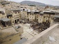 Fes, Morocco, Tannery aerial view Africa Old tanks of the Fez`s tanneries with color paint for leather Royalty Free Stock Photo