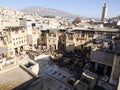 Fes, Morocco, Tannery aerial view Africa Old tanks of the Fez`s tanneries with color paint for leather