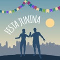 Festa Junina banner for brazilian carnival, festival, party. Silhouette of men and women dancing outdoors on a background of city Royalty Free Stock Photo