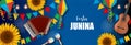 Festa junina banner with colorful pennants, balloons, sunflowers, accordion, guitar and maracas. june brazilian festival banner