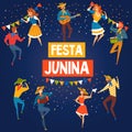 Festa Junina Brazil June Festival Banner or Poster, Happy People Dancing at Night Folklore Party Vector Illustration Royalty Free Stock Photo