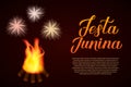 Festa Junina calligraphy hand lettering with fireworks and bonfire on dark background. Brazil June Festival Festa de Sao Joao.