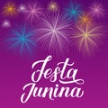 Festa Junina calligraphy hand lettering. Fireworks on purple background. Brazil June Festival Festa de Sao Joao. Easy to edit