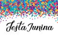 Festa Junina calligraphy lettering on colorful confetti background. Brazilian June Festival Festa de Sao Joao. Easy to edit