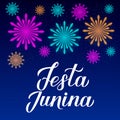 Festa Junina calligraphy lettering. Fireworks on night sky background. Brazil June Festival Festa de Sao Joao. Easy to edit