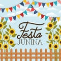 Festa junina with fence and sunflowers garden