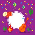 Festa Junina holiday card, guitar, button accordion, party flags and paper lantern on purple background, brazil june