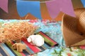 Festa Junina party background with peanuts and traditional sweets. Brazilian summer harvest festival concept. flags and typical Royalty Free Stock Photo