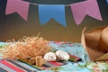 Festa Junina party background with peanuts and traditional sweets. Brazilian summer harvest festival concept. flags and typical Royalty Free Stock Photo