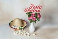 Festa Junina party background with popcorn, straw hat and flowers