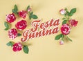 Festa Junina party background with rose flowers. Brazilian summer harvest festival