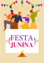 Festa junina with people dancing and white sign poster banner greeting card. June festival brazilian Party.  Junina Festival Royalty Free Stock Photo