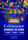 Festa Junina poster with colorful lanterns and pennants. Brazilian june festival background with wooden stall