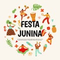 Festa Junina poster. Latin dancing party, traditional brazil carnaval in June. Dance people, musical instruments guitar Royalty Free Stock Photo