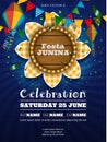 festa junina poster with sunflower shaped label and wooden signboard Royalty Free Stock Photo