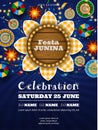 festa junina poster with sunflower shaped label and wooden signboard Royalty Free Stock Photo