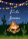 Festa junina poster with campfire, flags garland, grass, cactus and text on starry night background. Royalty Free Stock Photo