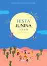 Festa junina poster template with people dancing in night. Brazilians celebrate annual Junina Festival of Brazil Vector