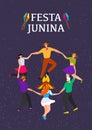 Festa junina poster template with people dancing in night. Brazilians celebrate annual Junina Festival of Brazil Vector Royalty Free Stock Photo