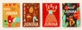 Festa Junina poster. Traditional brazil carnaval. Latin dancing party banners. Guitar and maracas, flowers dance people