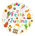 Festa Junina set of icons in a round shape. Brazilian Latin American festival collection of design elements with Royalty Free Stock Photo