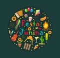 Festa Junina set of icons in a round shape. Brazilian Latin American festival collection of design elements with Royalty Free Stock Photo