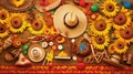 Festa Junina Summer Festival Carnival concept. Brazilian straw hat and colorful flags on wooden background, top view, generative