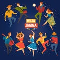 Festa Junina, Traditional Brazil June Festival Banner, Happy People Dancing at Night Folklore Party Vector Illustration Royalty Free Stock Photo