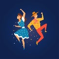 Festa Junina, Traditional Brazil June Festival, Happy Young Man and Woman Dancing at Night Folklore Party Vector Royalty Free Stock Photo