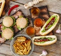 Festival of beer. Hot dogs, hamburgers, barbecue. Concept of eating outdoors. Royalty Free Stock Photo