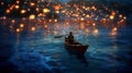 festival boat celebration water lamp travel lantern river night light. Generative AI. Royalty Free Stock Photo