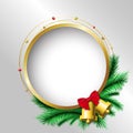 Festival celebration, christmas, new year, gold circle frame, pine leaf and bell decoration, silver background, Isolated vector
