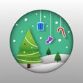 Festival celebration, merry christmas, happy new year, paper cut, snow tree and gift in round hole, winter background, Isolated