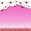 Festival celebration, happy valentine`s day, paper cut, red heart cloud sky pink background, grass, Isolated vector design Royalty Free Stock Photo