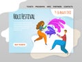 Festival of colors Holi. Happy boy and girl throw paint. Vector illutration, design template of site, header, banner or