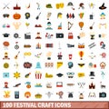 100 festival craft icons set, flat style