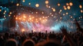 Festival crowd with hands raised watching a band performing on stage at night Royalty Free Stock Photo