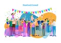 Festival crowd vector illustration. Mass group of fans and spectators dance, clap and view concert, entertainment or celebration.