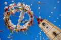 Festival Decoration And Church Tower Royalty Free Stock Photo