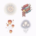 Festival elements set, fireworks, sky lanterns, and firecrackers isolated on white Royalty Free Stock Photo