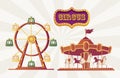 Festival fairground carousel and fortune wheel