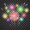 Festival fireworks. Colorful carnival fireworks holiday background. Vector illustration isolated on transparent background Royalty Free Stock Photo