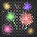 Festival fireworks set. Vector illustration isolated on transparent background Royalty Free Stock Photo
