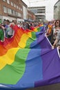 Festival goers hold the rainbow banner