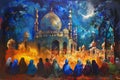 Colorful painting of Muslim pilgrims from all over the world gathered to perform Umrah or Hajj at the Haram Mosque in Mecca, Saudi Royalty Free Stock Photo
