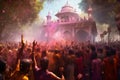 Hindu devotees throw colored powder into the crowd during Holi festival in Kolkata