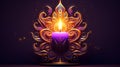 A colorful lit candle in the style of detailed character design, purple and gold, hindu art and architecture