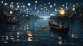 water travel celebration night lantern boat festival river lamp light. Generative AI.