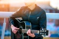 Festival music band. Friends playing on percussion instruments city park. Royalty Free Stock Photo